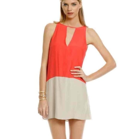 Parker Silk Colorblock Chemise Dress Keyhole Neck Orange Tan Size Small - Picture 1 of 11